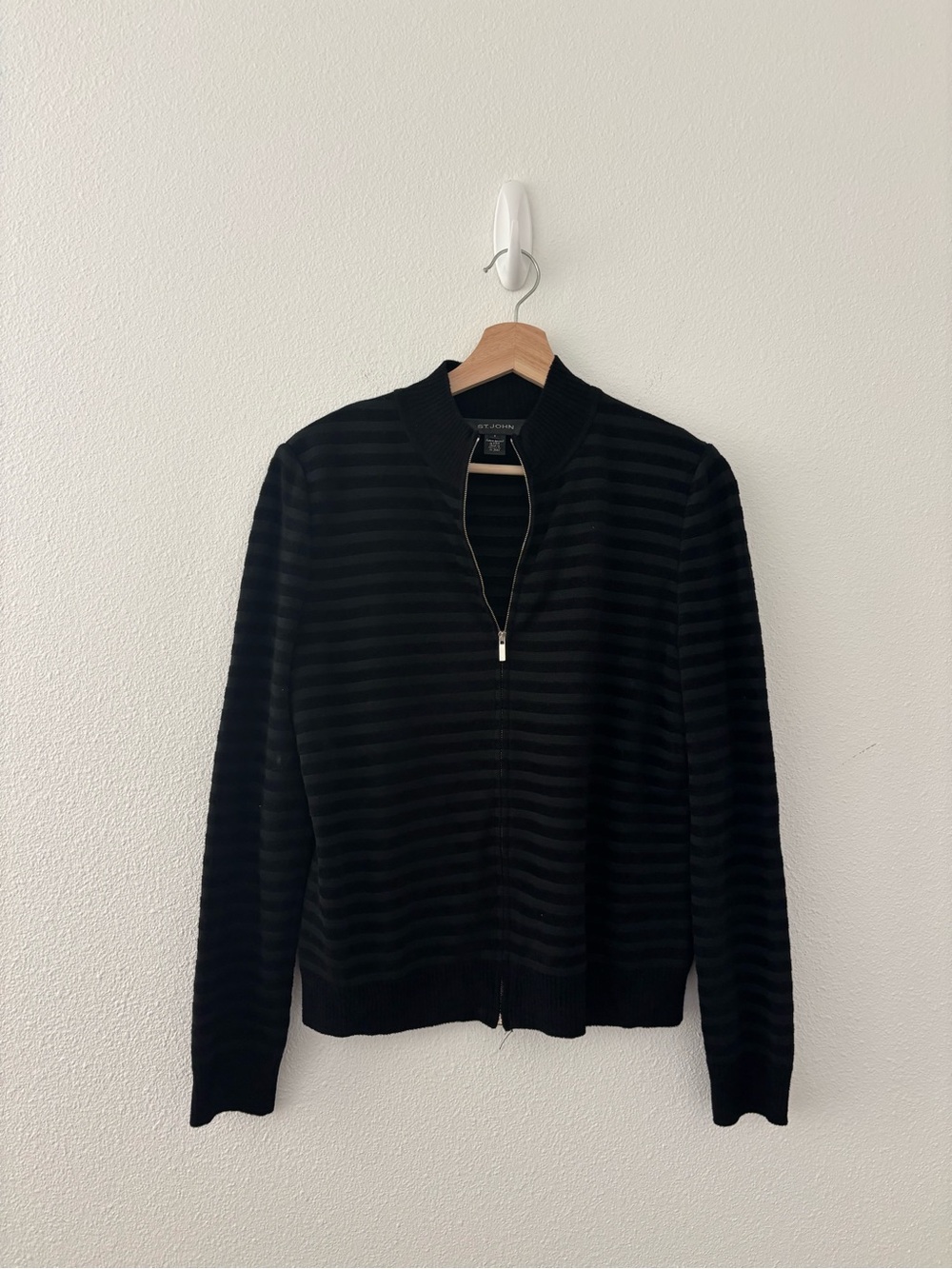 St. John black stripe contrast wool blend cardigan sweater zip jacket